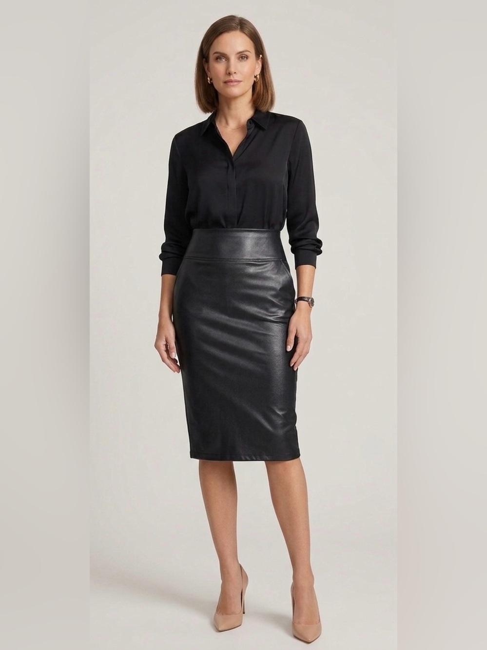 SPANX Faux Leather Pencil Midi Skirt  Black High Waisted Pull-On‎ - Size L